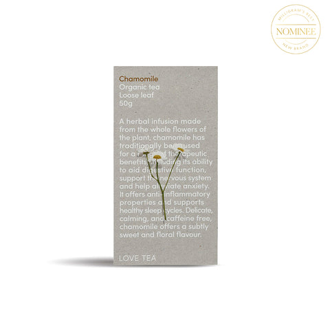 Love Tea Chamomile Loose Tea package (a grey rectangular box with white text and a chamomile flower on the front)
