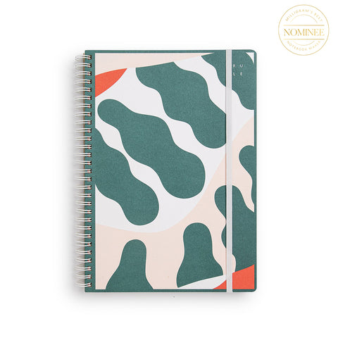 Studio Milligram's Carla McRae Spiral Bound Notebook, with an Art cover featuring deep green, pink and white in an abstract, plant-like design