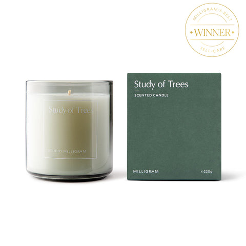 Studio Milligram Scented Candle in Study of Trees scent; a cream-coloured candle in a clear glass holder sits beside a tree-green cube box with white writing that says Study of Trees