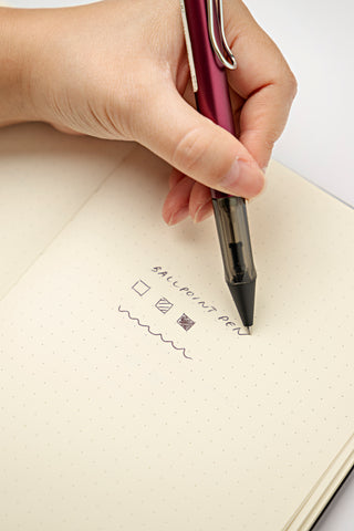 A hand holding a LAMY AL-star ballpoint pen, and writing "ballpoint pen" on a notebook page. Below are 3 examples of how a ballpoint pen writes.