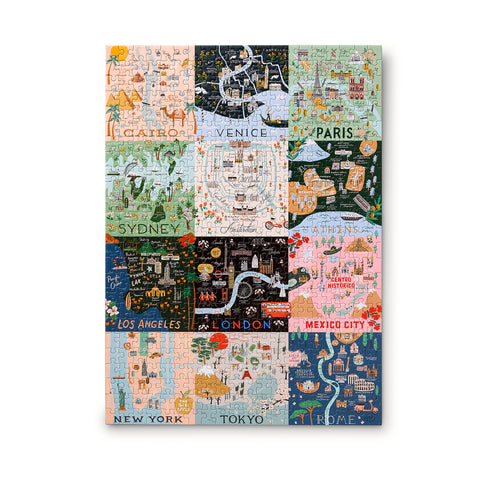Rifle Paper Co. Maps Jigsaw Puzzle featuring a 12-square grid of world-famous cities like Venice, Toyko and Cairo in Rifle signature style
