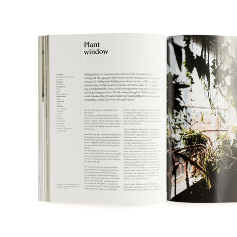 An open page from 'Indoor Green', with text on one side and a photo of a loft garden on the other