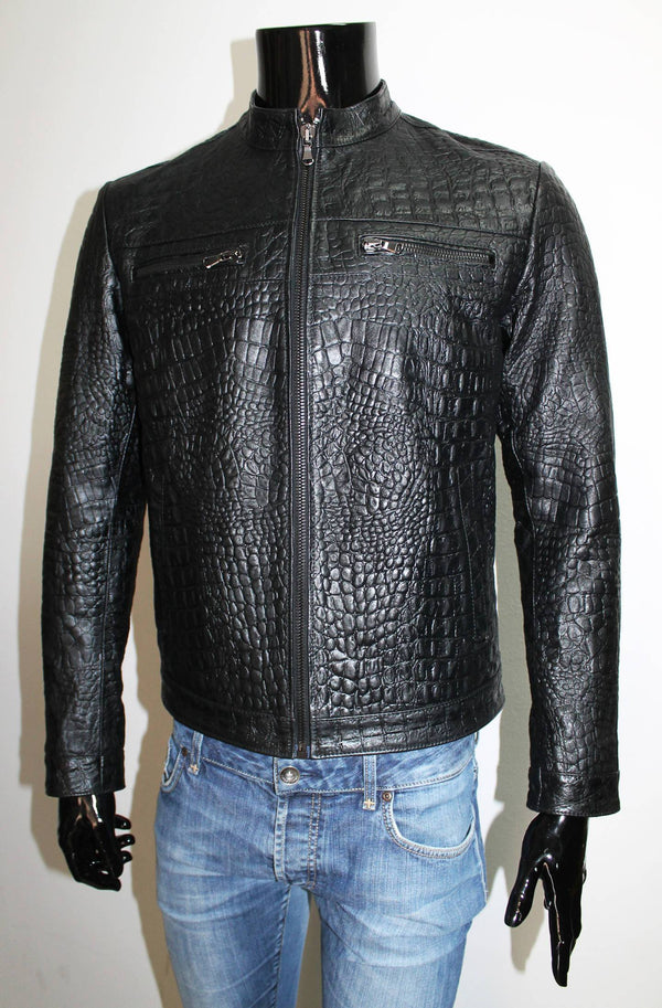 99percenthandmade Men Black Alligator Crocodile Embossed on Lamskin Leather Biker Jacket Slim Fit | Leather Jacket | Tailored to Your Size 