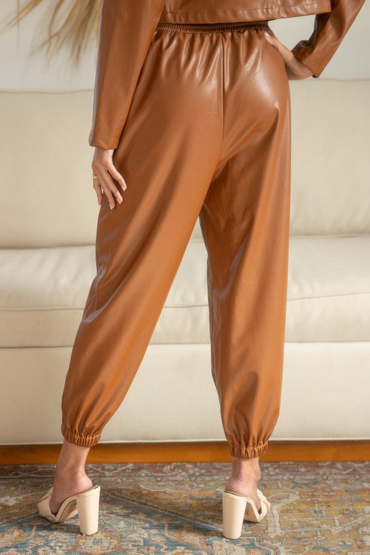 Avery Faux Leather Joggers in Brown