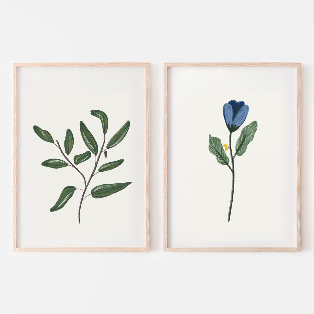 set of two flowers and foliage art prints. foliage leaves with hanging cocoon and second image has blue flower with green stem and small yellow butterfly. baby shower gift, floral nursery theme, girls bedroom, boys bedroom, kids playroom, girl nursery, boy nursery, floral theme nursery