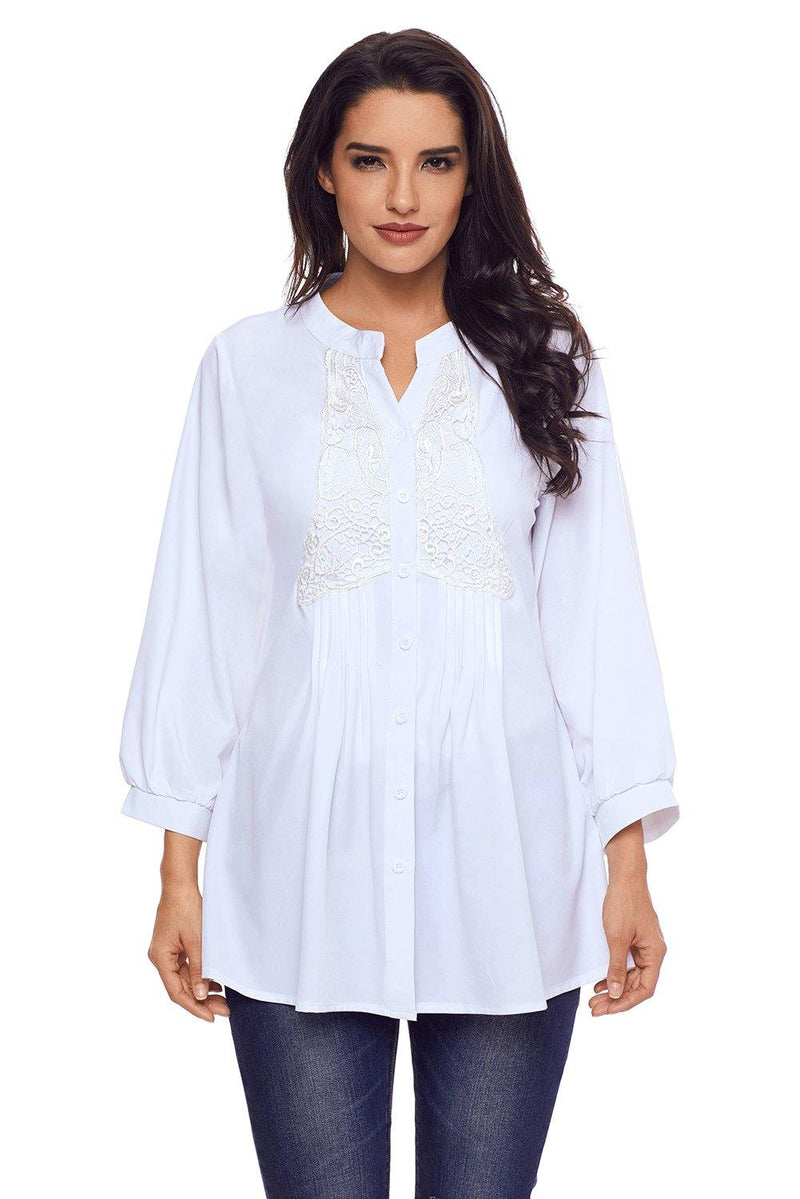 Lace and Pleated Detail Button up Blouse - Fashamo