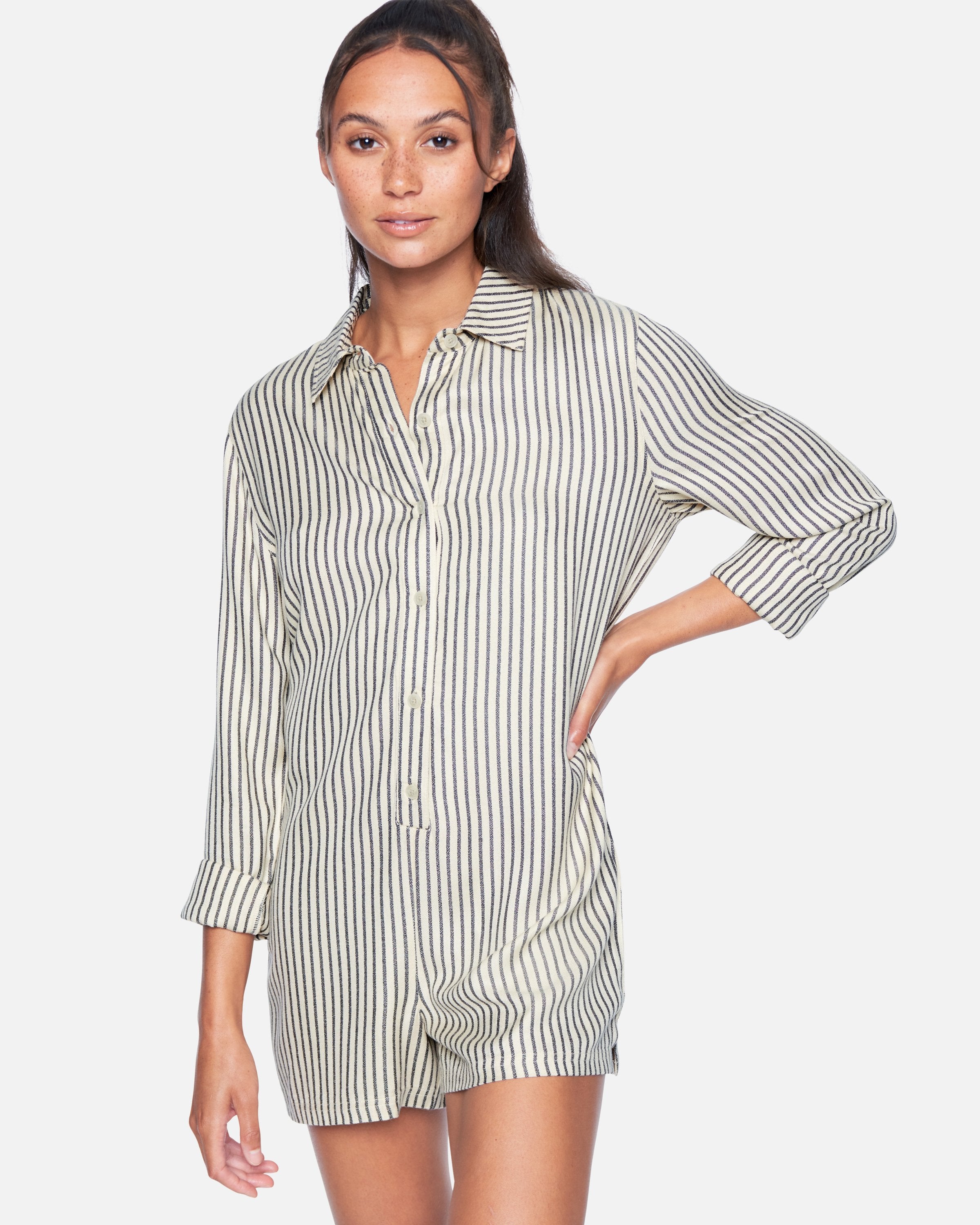 Women's Button Front Romper in Seedpearl Mini Stripe, Size Medium