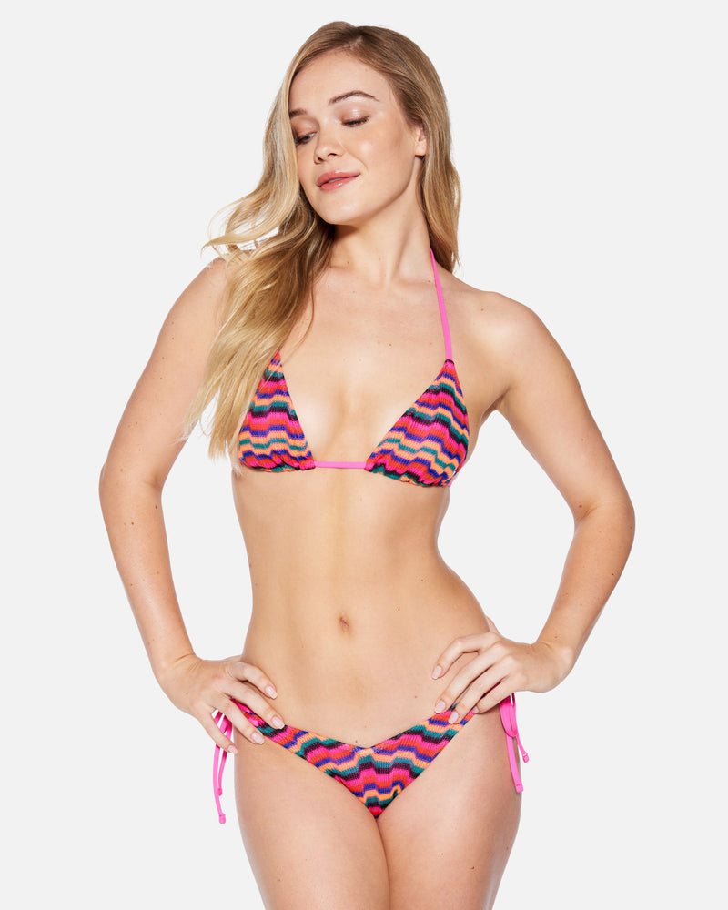 Rainbow Color Block Tie String Slide Triangle Bikini Set - Striped