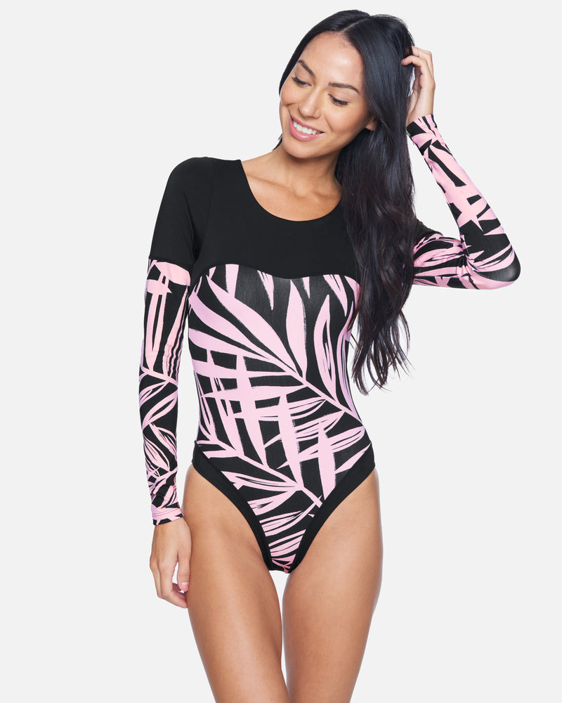 Long Sleeve Two Piece Swimsuit Surf Suit Coconut Tree Print Zip Up 