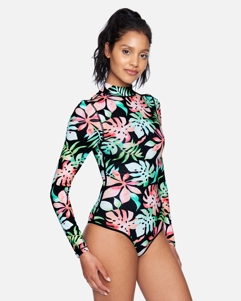 70's Style Retro Floral Zip Up Long Sleeve Swim Suit Bodysuit