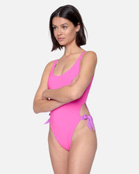 Violet/Electric Pink - Solid Reversible Tie Side Cheeky One Piece 
