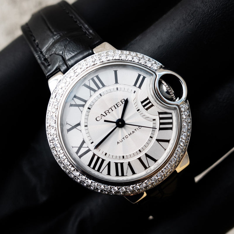 cartier ladies ballon bleu watch with custom diamond bezel