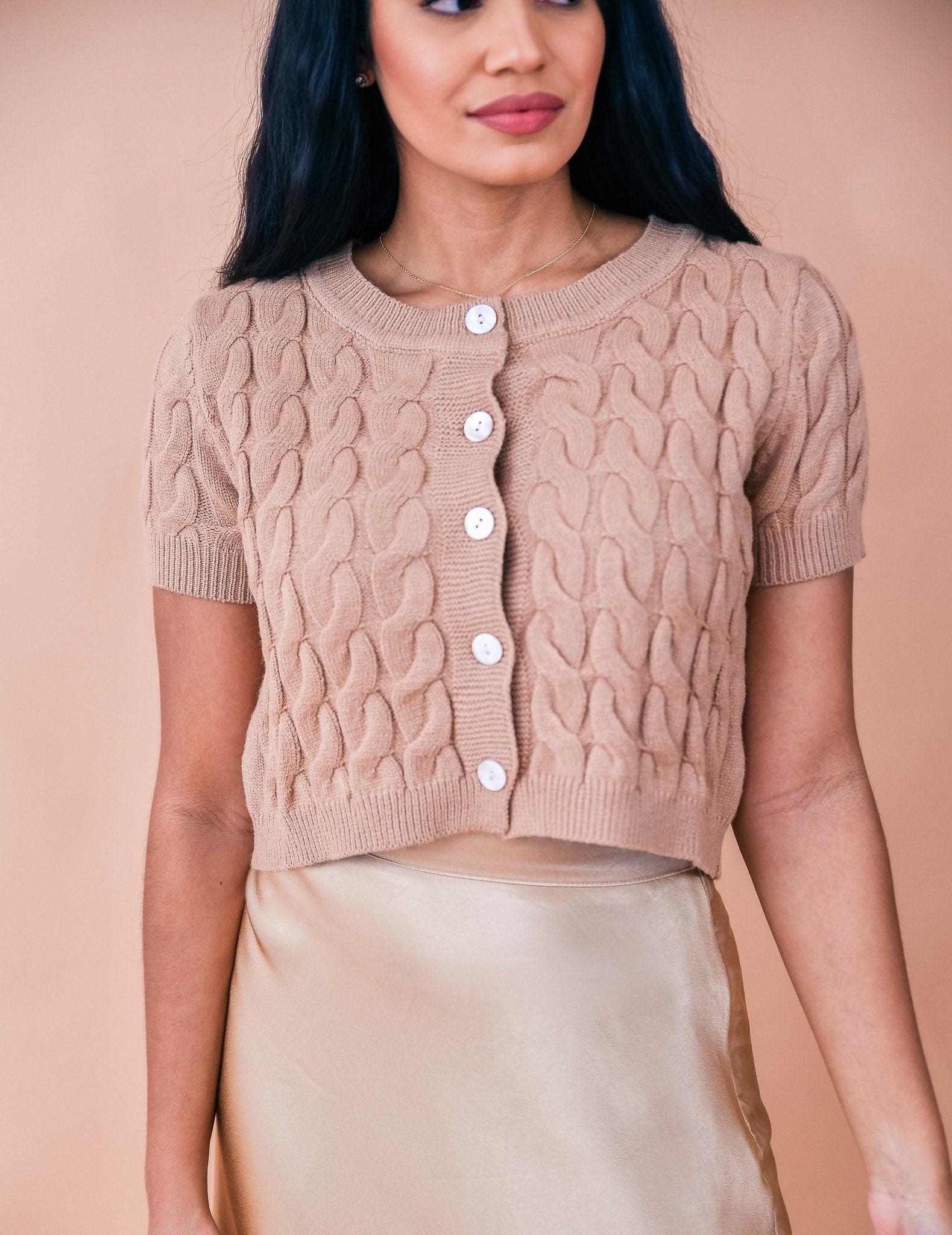 ButtonFront Cropped Beige Knit Top TOP Elenista