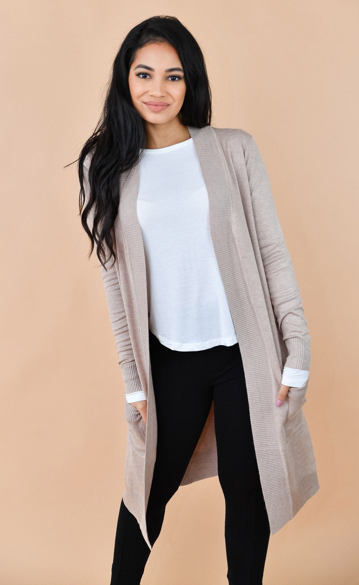 Long Beige Open Front Pocketed Knit Duster Cardigan CARDIGAN Elenista