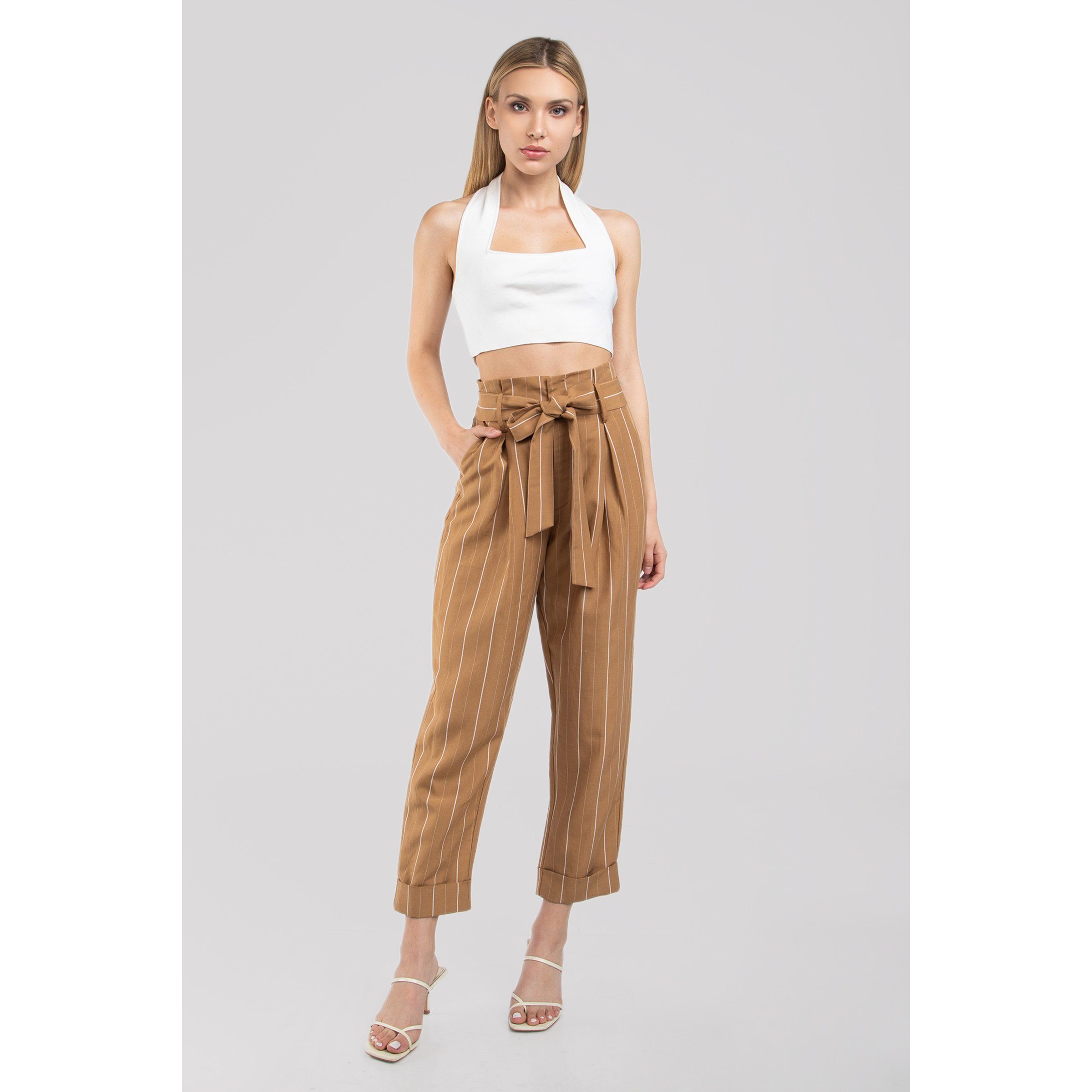 High Waisted Belted Tweed Cropped Flare Beige Pants