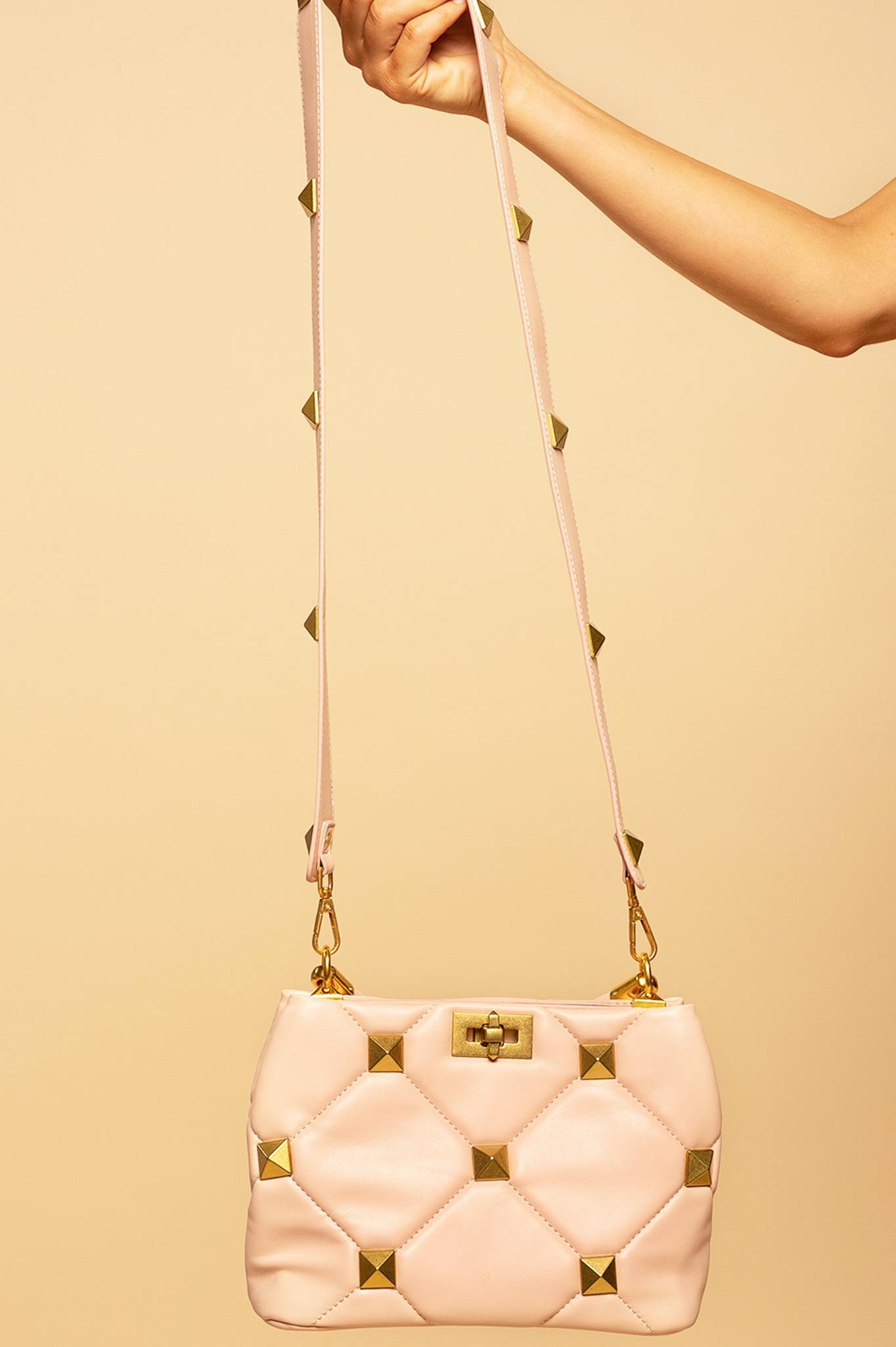 Pink Quilted Leather Gold Studded Top Handle Handbag with Strap Elenista