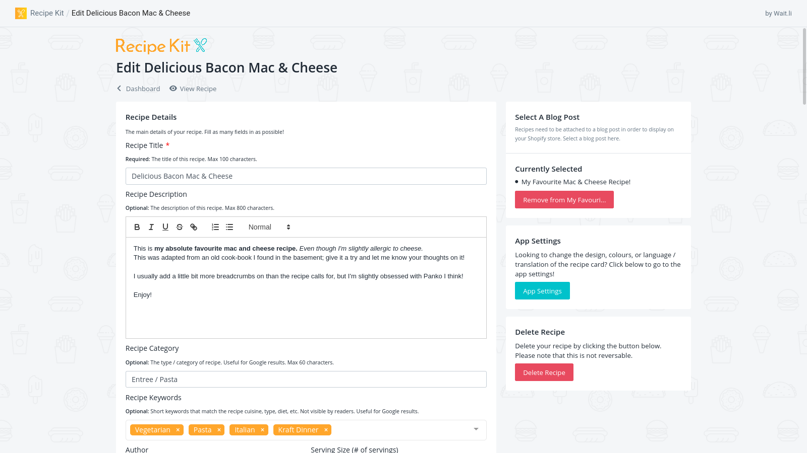 Create a recipe card in Recipe Kit and attach it to your Shopify store blog post!