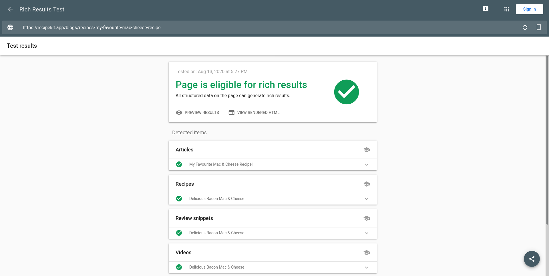 Resultados de la herramienta de prueba enriquecidos de Google para una tarjeta de recetas típica de Shopify Kit de recetas