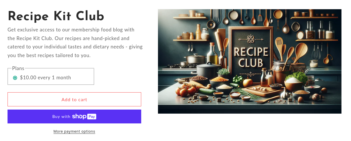 Example of a recipe membership club subscription product