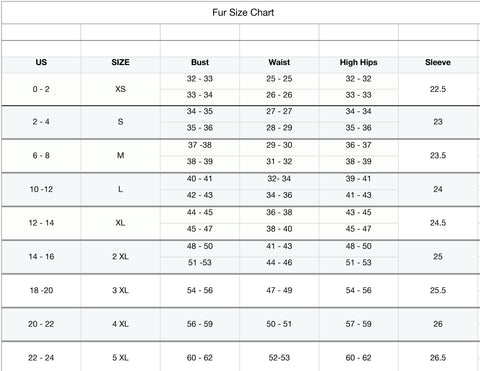 Fur Coat Size Chart - Sherrill & Bros.