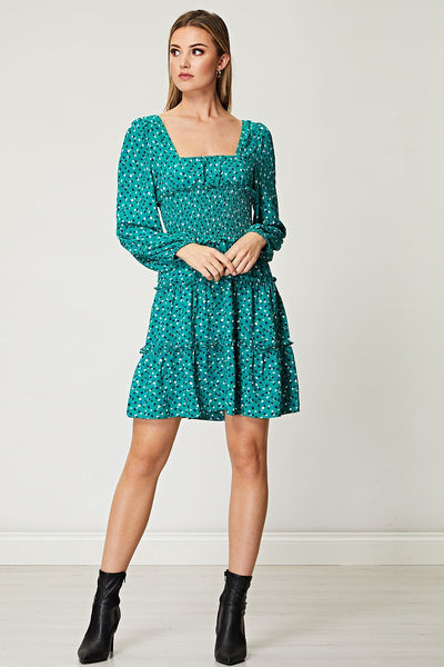 Square Neck Puffed Sleeves Smocked Mini Dress in Green