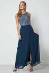 Ariana Blue Sleeveless Embellished Beaded Maxi Dress