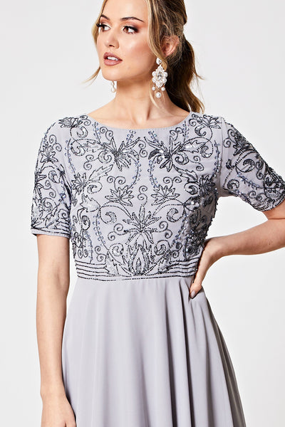 Beatrice Grey Short Sleeve Embellished Mini Dress