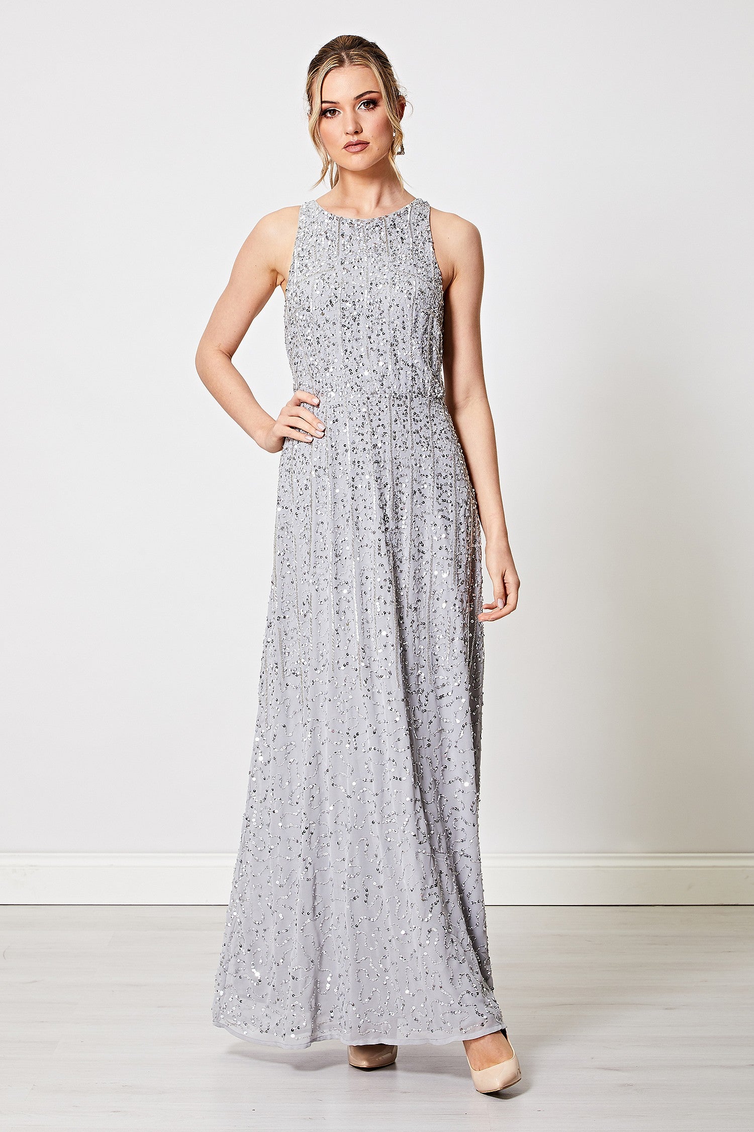 Amara Silver Embellished Sequin Beaded Sleeveless Maxi Dress