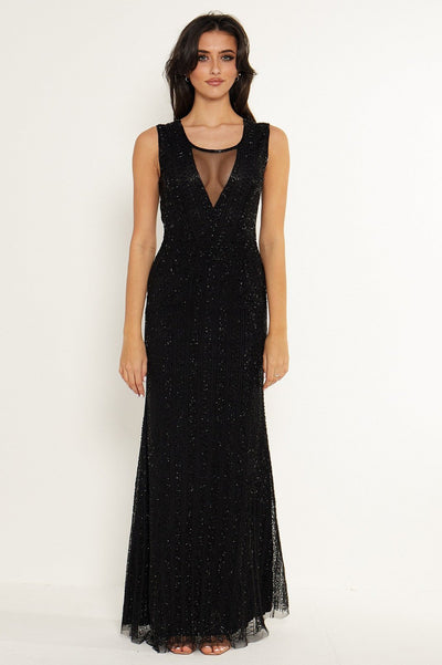 Alessandra Black Embellished Open Back Maxi Dress