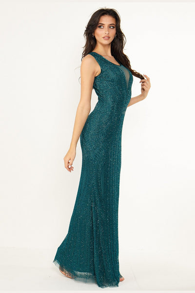 Alessandra Emerald Green Embellished Open Back Maxi Dress