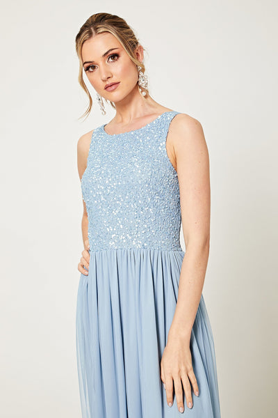Claudia Light Blue Scatter Bridesmaid Embellished Beaded Maxi Dress
