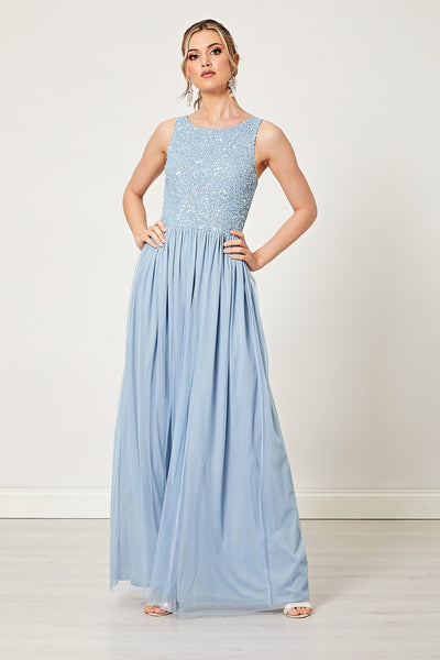 Claudia Light Blue Scatter Bridesmaid Embellished Beaded Maxi Dress