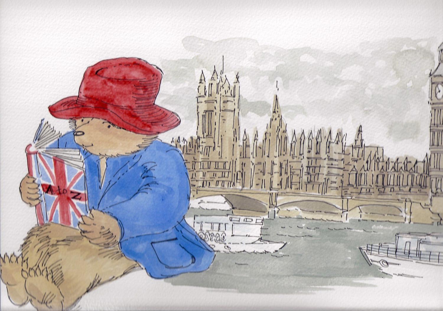 Paddington Bear outside Houses of Parliament - Dragons' artwork