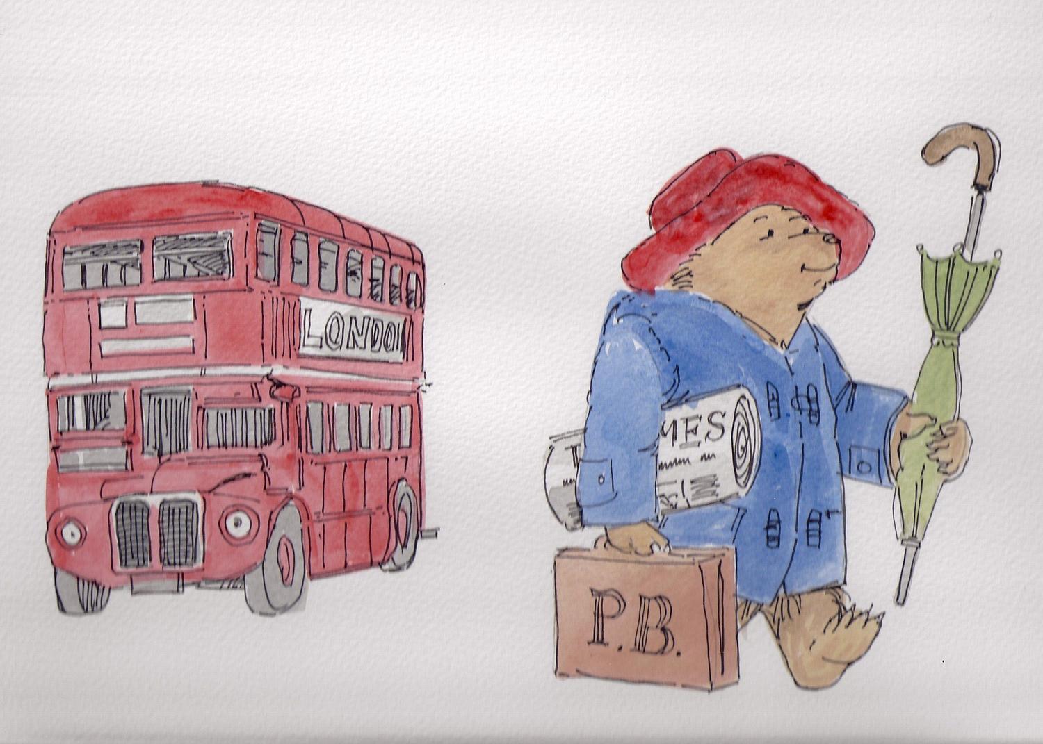 Paddington with umbrella and London Bus - Dragons' artwork