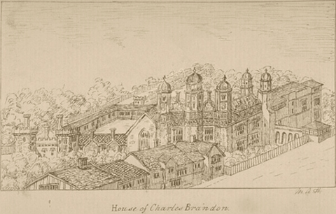 Sketch of Suffolk Place by Anton van den Wyngaerde, showing the grandeur of Suffolk Place, included in his Panorama of 1543