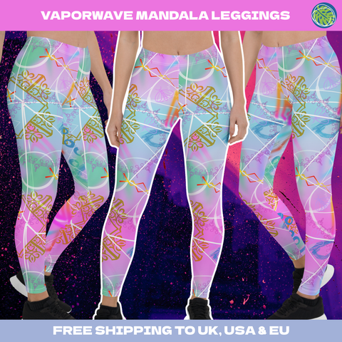 Vaporwave Mandala athleisure leggings for women in pink and blue