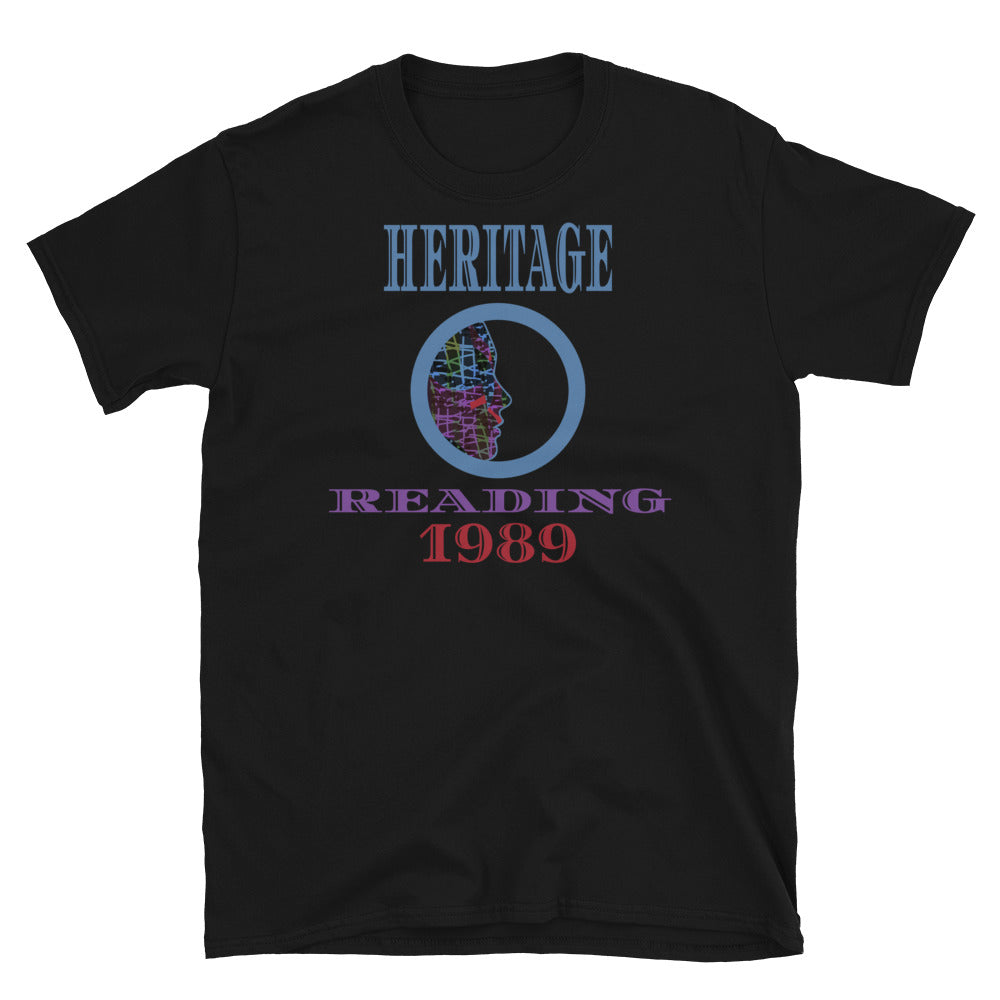 Graphic t-shirt with a patterned profile face in abstract design, tones of blue, green, purple, red, in circular format, with the words Heritage Reading 1989 in blue, purple and red on this black cotton t-shirt by BillingtonPix