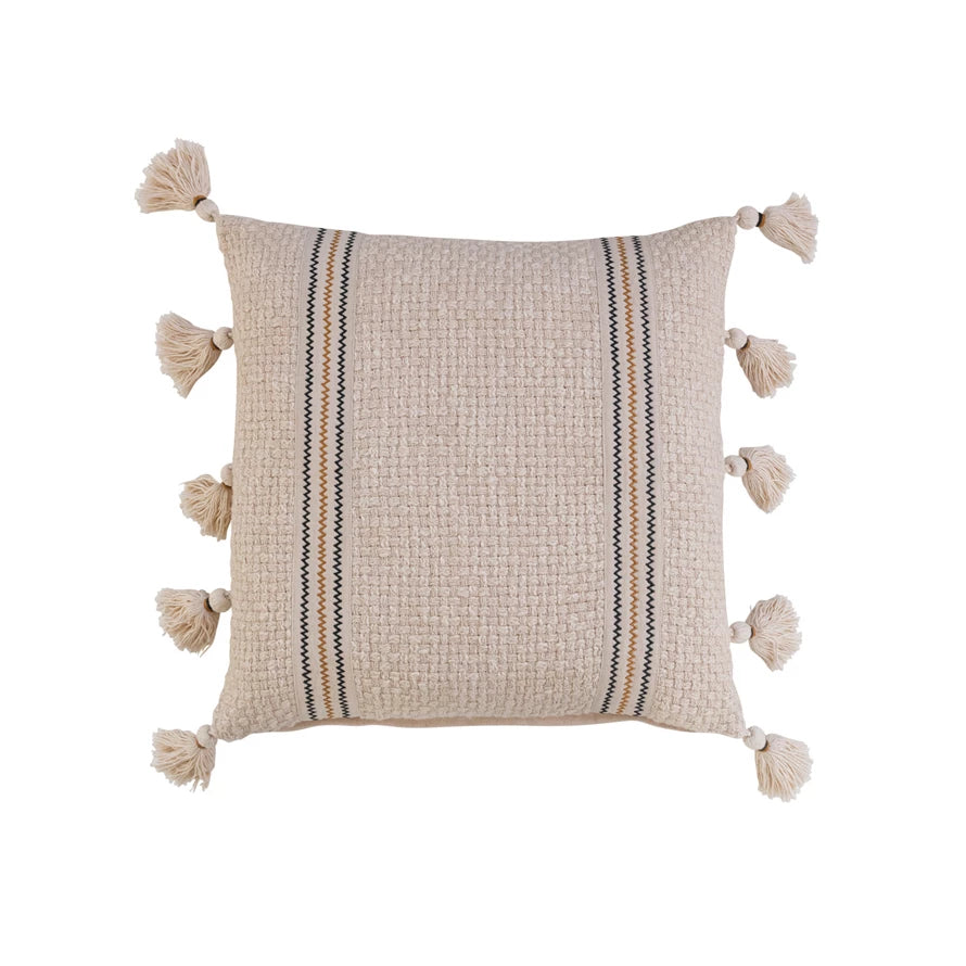Square Woven Cotton Pillow w/ Embroidery & Tassels