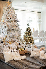 White Christmas tree decoration ideas flocked-tree-withgold-ornaments