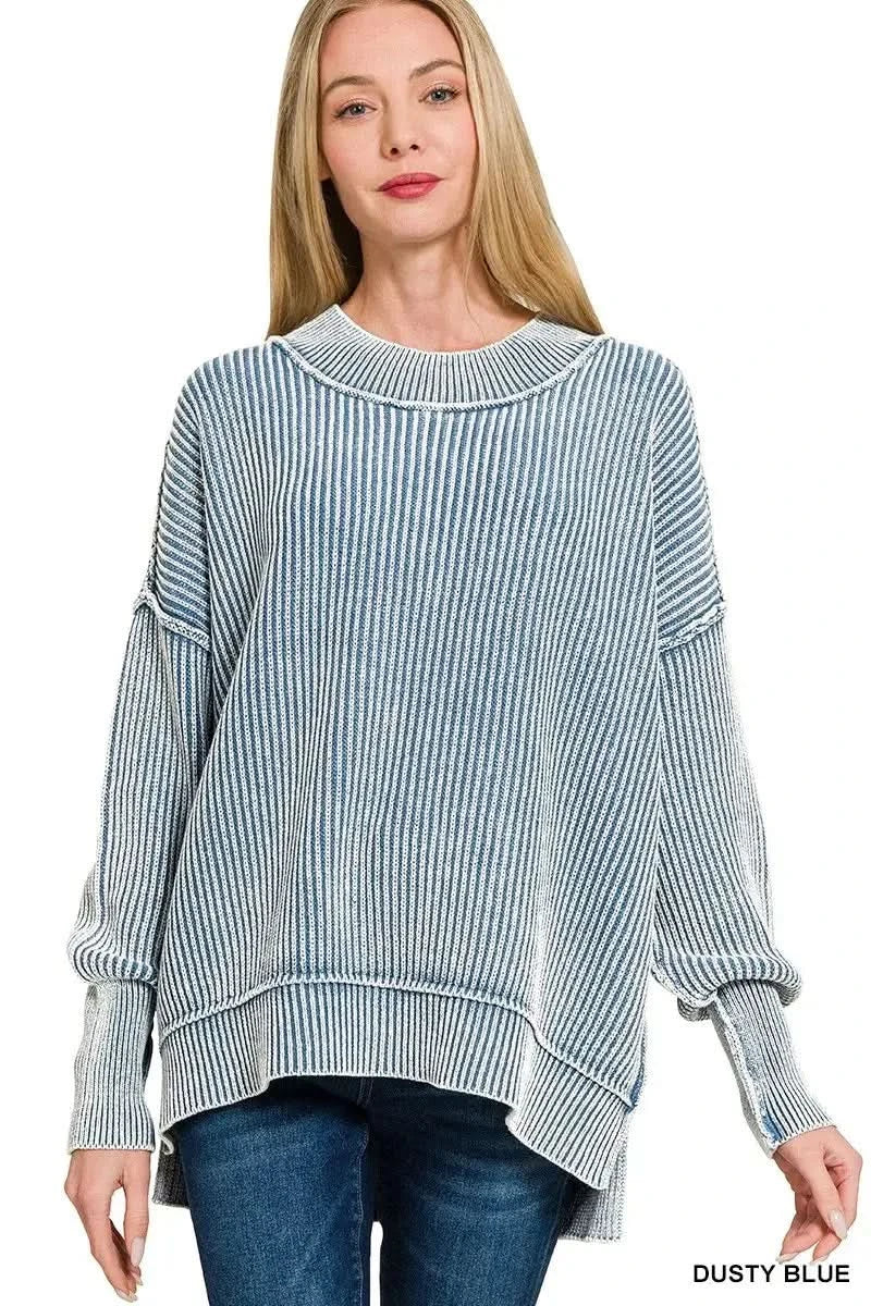 Zenana Washed Side Slit Oversized Sweater