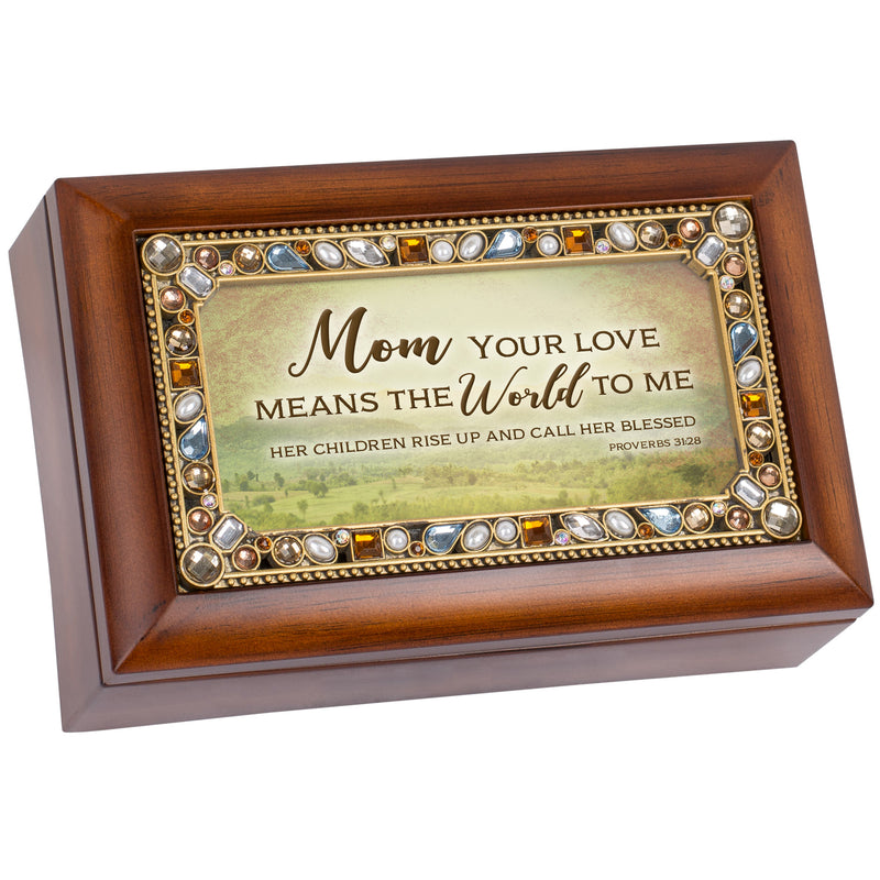 Mom Your Love Jeweled Woodgrain Music Box Plays Amazing Grace