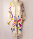 Light Beige Floral Fringe Boho Kimono Cardigan