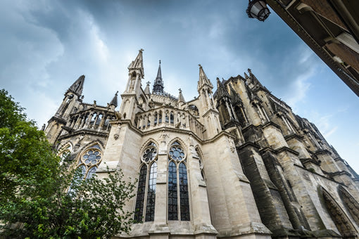 The exterior of the cathedral in Reims, France.
