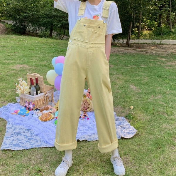 yellow denim overalls