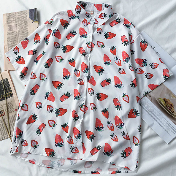 Strawberry Button Up Shirt (White) – Megoosta Fashion