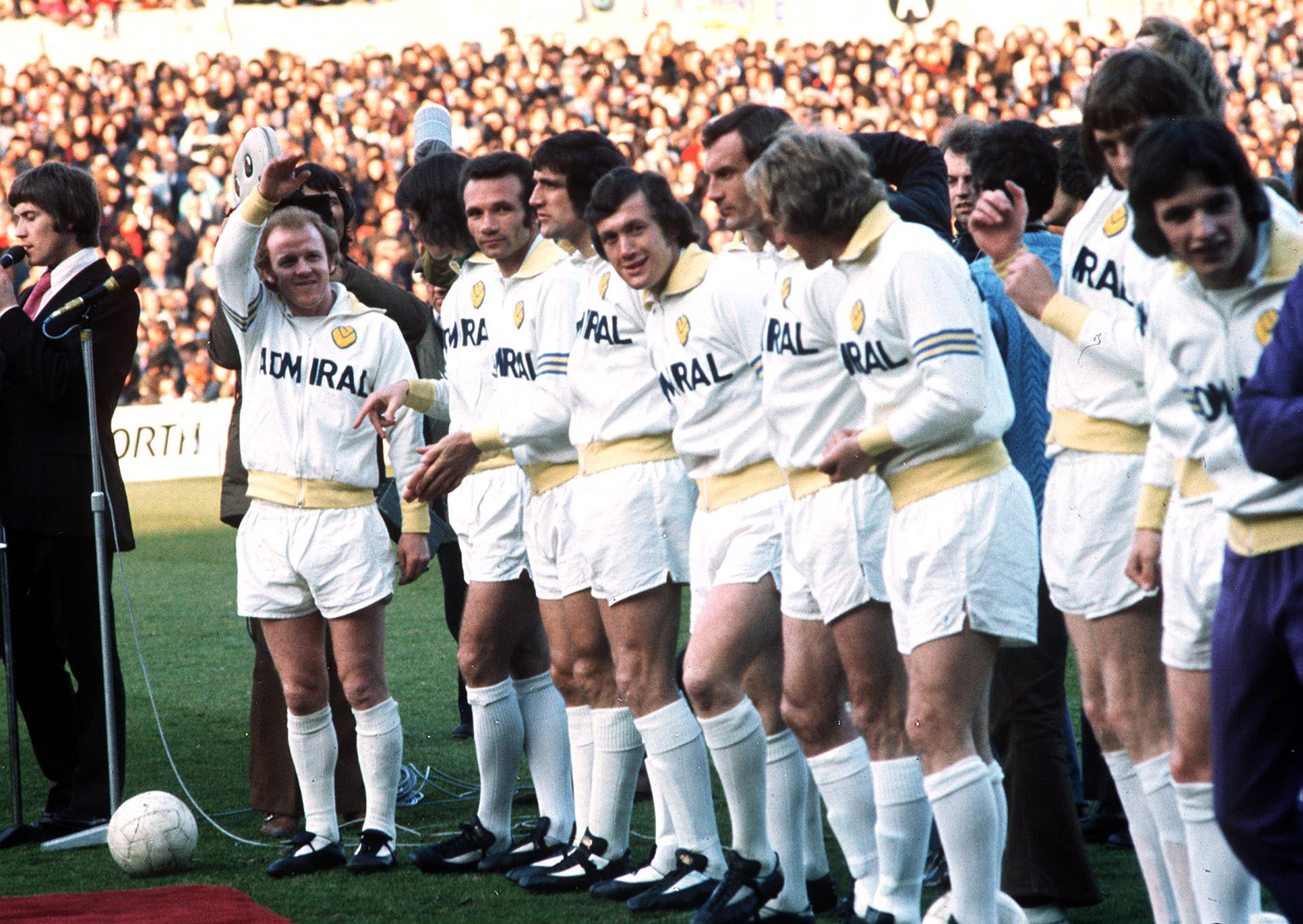 Billy Bremner and his Leeds United teammates line-up in Admiral Tracksuits