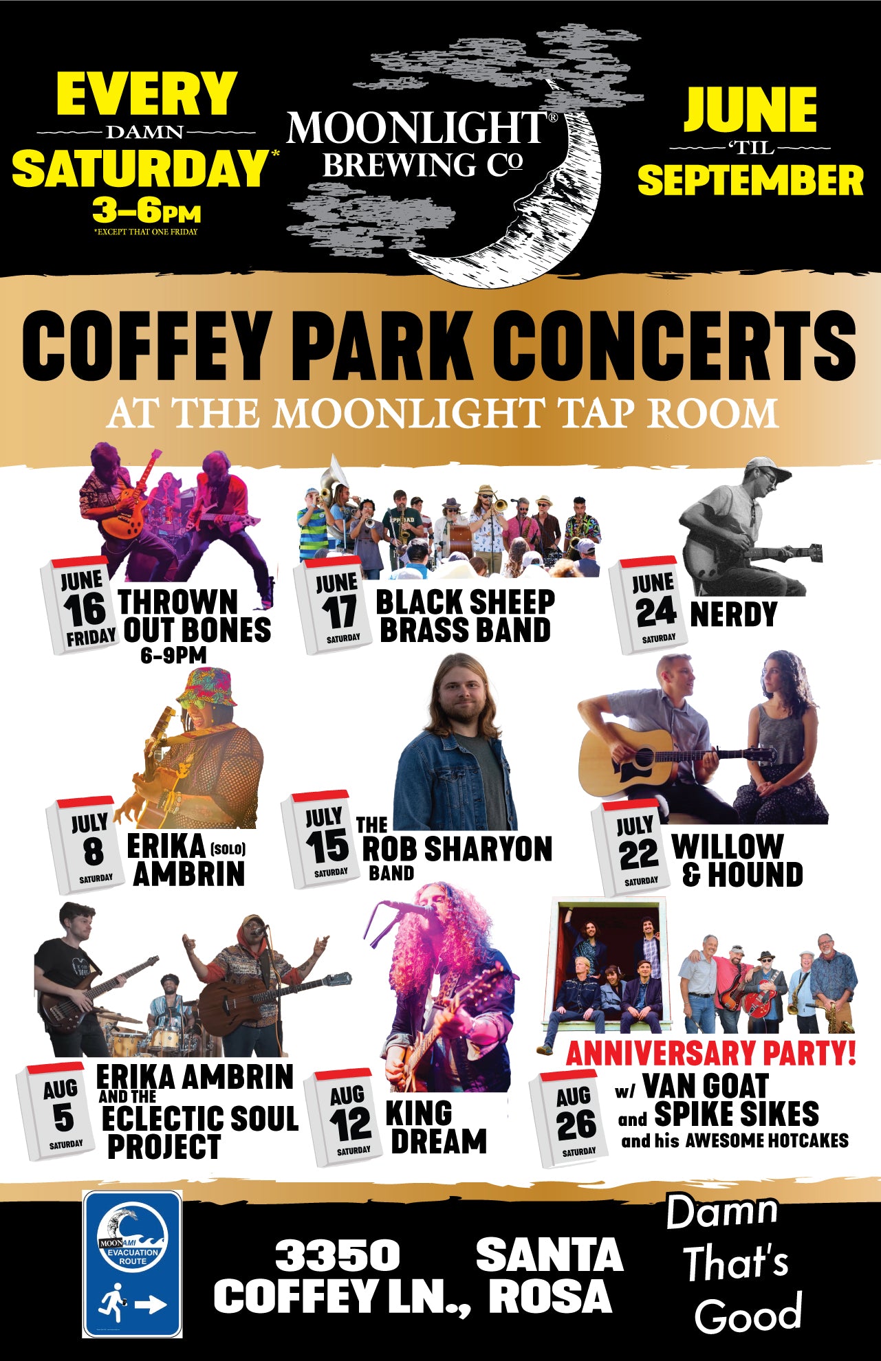 Concert poster for Moonlight Brewing Company's 2023 summer concert series, Coffey Park Concerts, featuring Thrown Out Bones, Black Sheep Brass Band, Nerdy, Erika Ambrin, the Rob Sharyon Band, Willow and Hound, King Dream, Van Goat, and Spike Sikes