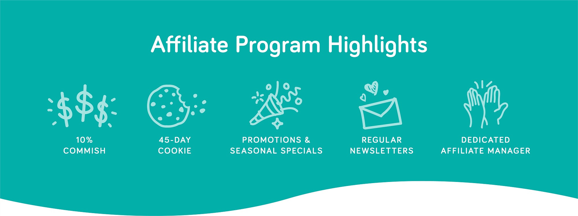 Affiliate program highlights: 10% commission, 45-day cookie, promotions and seasonal specials, regular newsletters, dedicated affiliate manager.