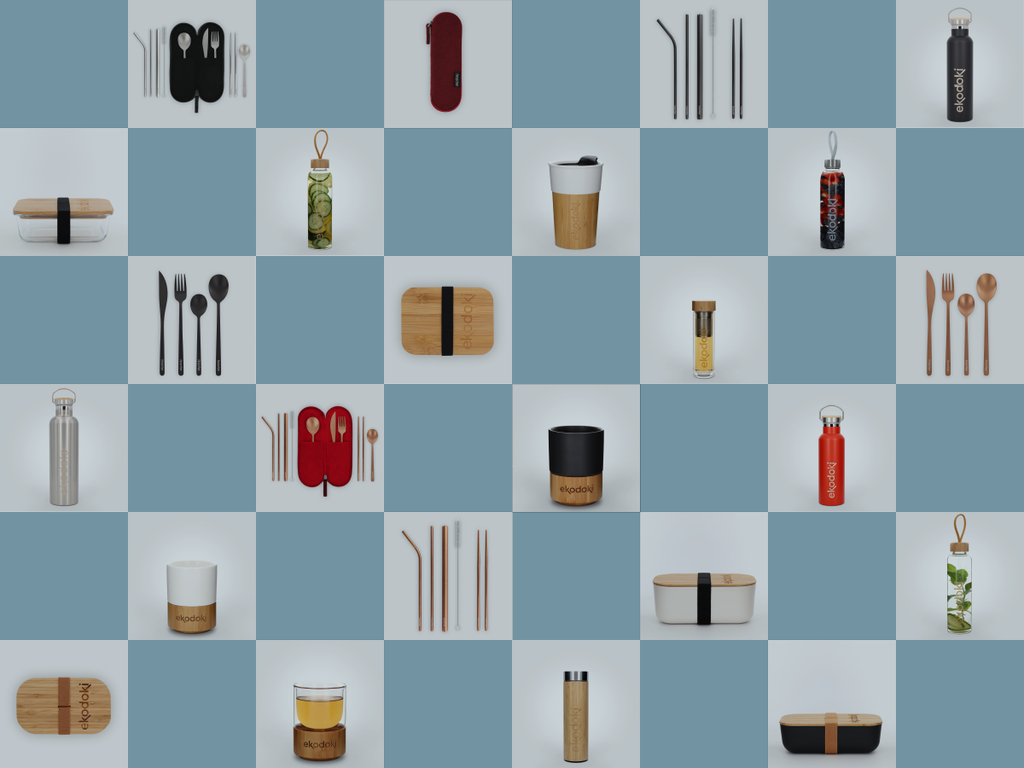 Overview of reusable food & drink containers and cutlery from eKodoKi, in a checkerboard pattern.