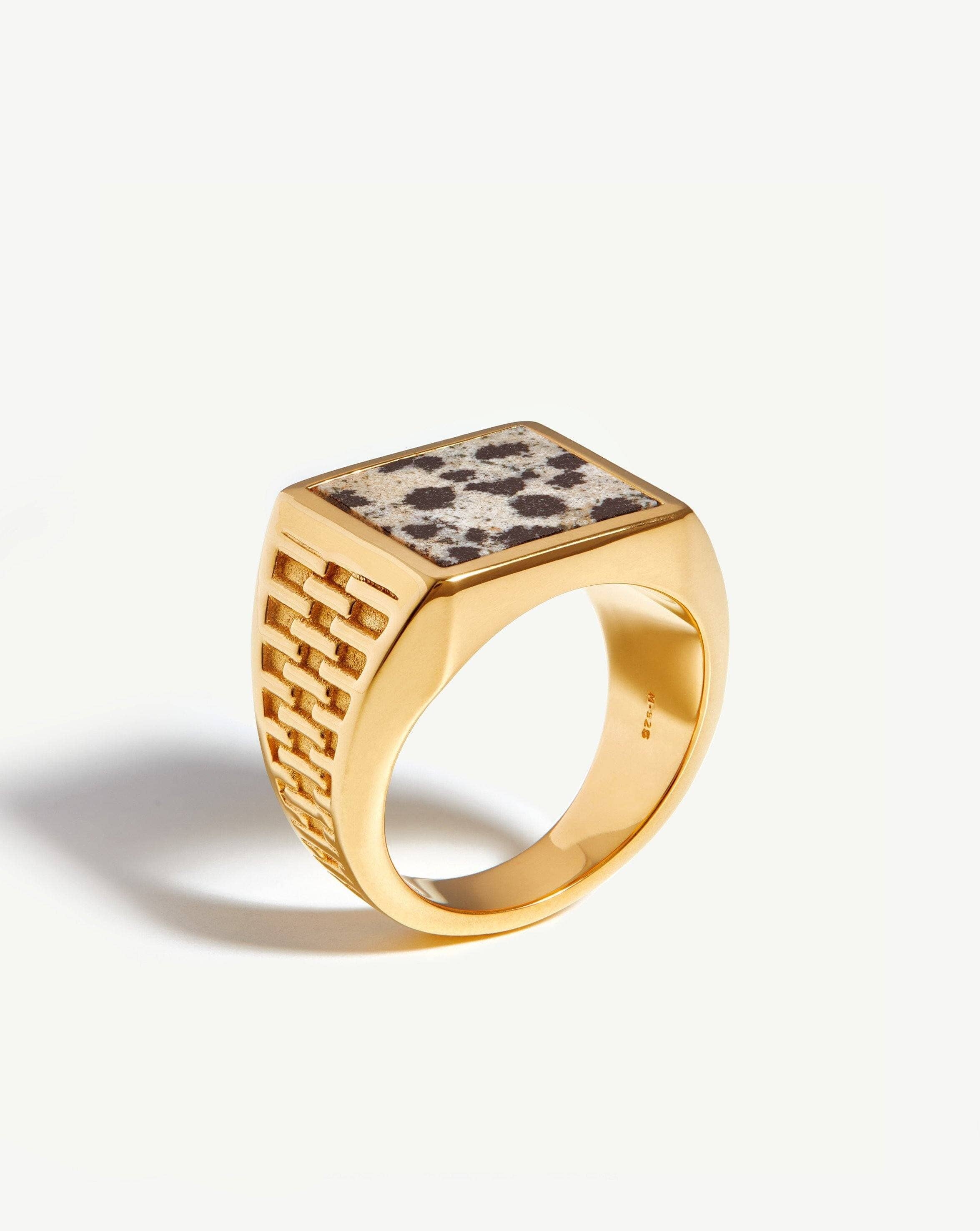 Fused Woven Gemstone Square Signet Ring | 18ct Gold Vermeil/Dalmation Jasper